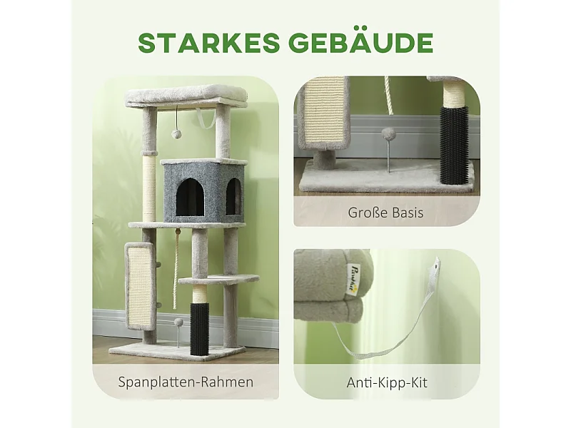 Tiragraffi con Kratzpfosten, casetta, piattaforma e accessori, legno, grigio chiaro, (55x44x132 cm)