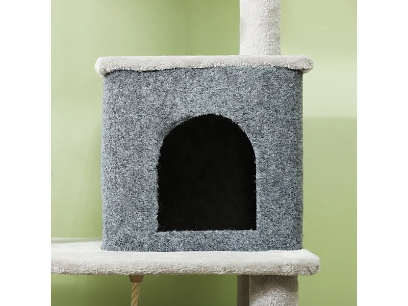 Tiragraffi con Kratzpfosten, casetta, piattaforma e accessori, legno, grigio chiaro, (55x44x132 cm)