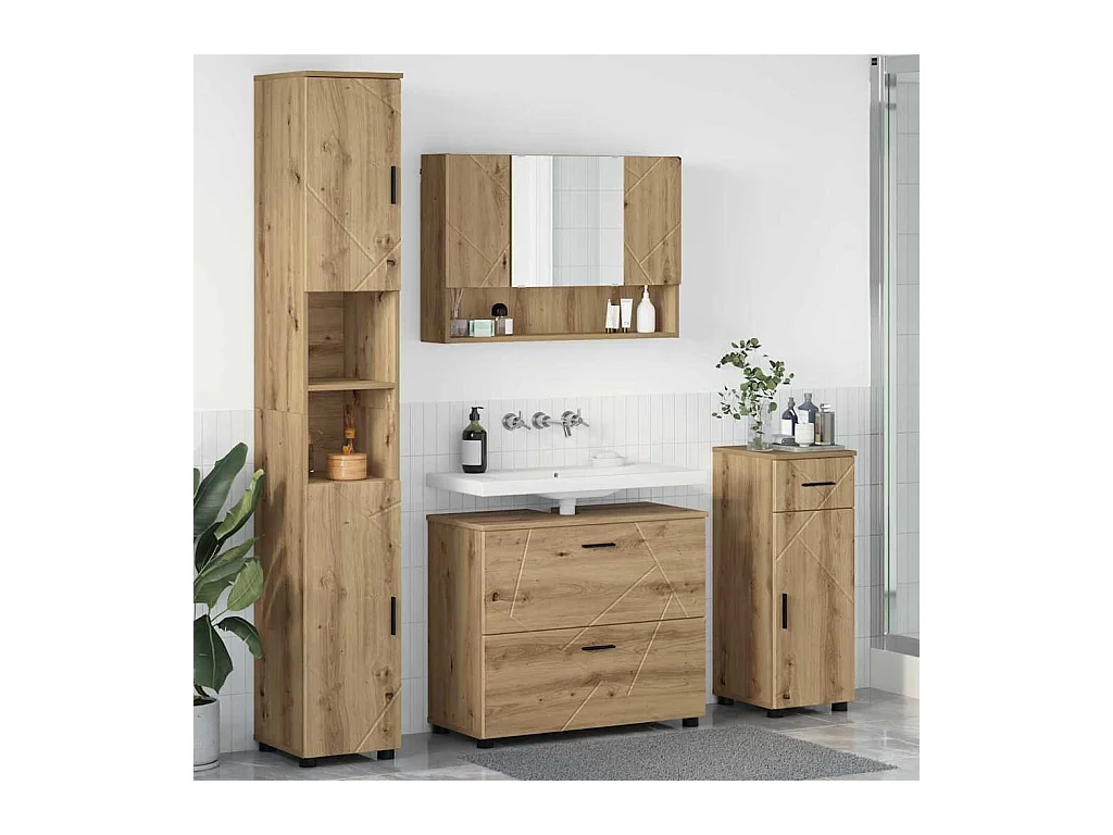 4-delige badkamermeubelset, handgemaakt eikenhout