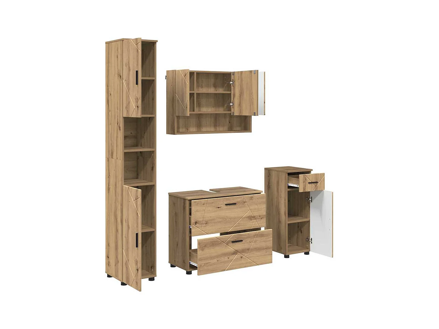 4-delige badkamermeubelset, handgemaakt eikenhout