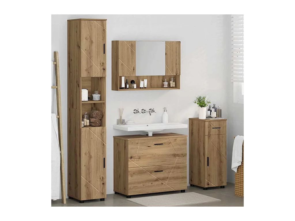 4-delige badkamermeubelset, handgemaakt eikenhout