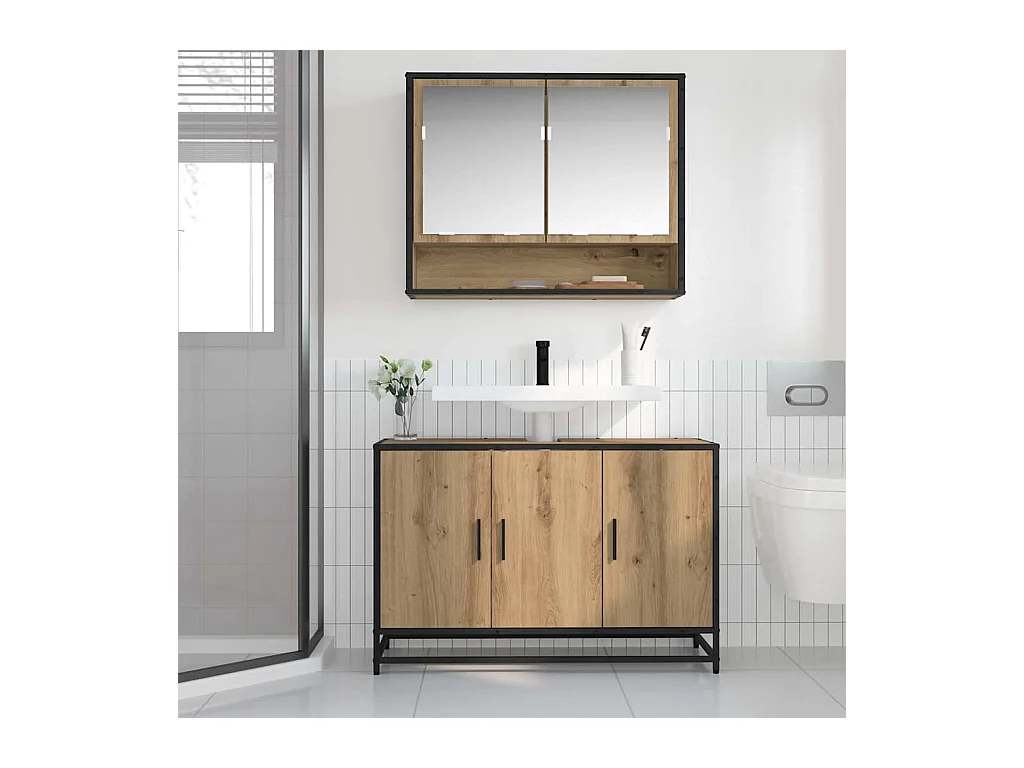 Mueble de baño con estante de roble hecho a mano