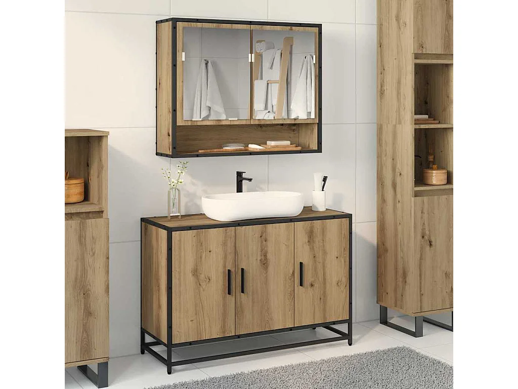 Meuble de Lavabo de Salle de Bain avec étagère chêne artisanal