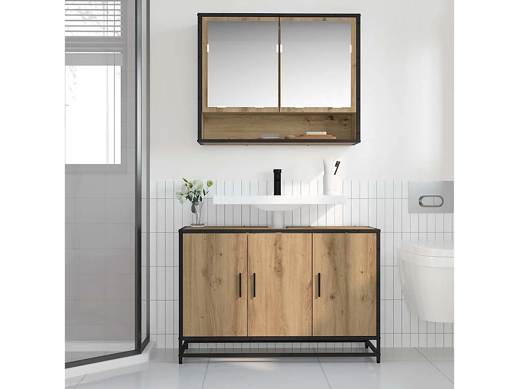 Meuble de Lavabo de Salle de Bain avec étagère chêne artisanal