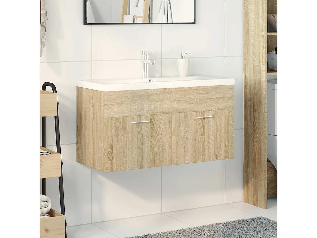 Badkamer wastafelmeubel en geïntegreerde wastafel in Sonoma eiken