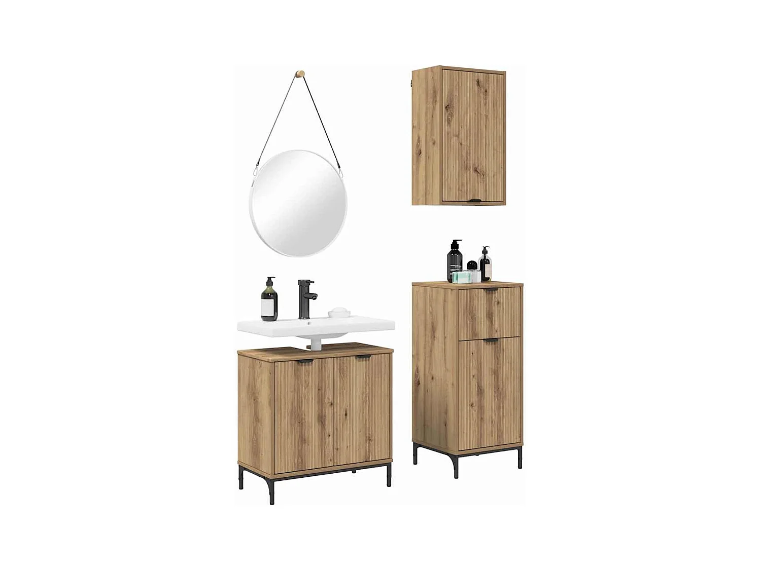 Set di mobili da bagno 3 pezzi, rovere lavorato a mano