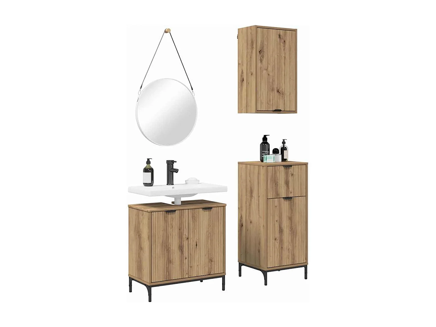 Set di mobili da bagno 3 pezzi, rovere lavorato a mano