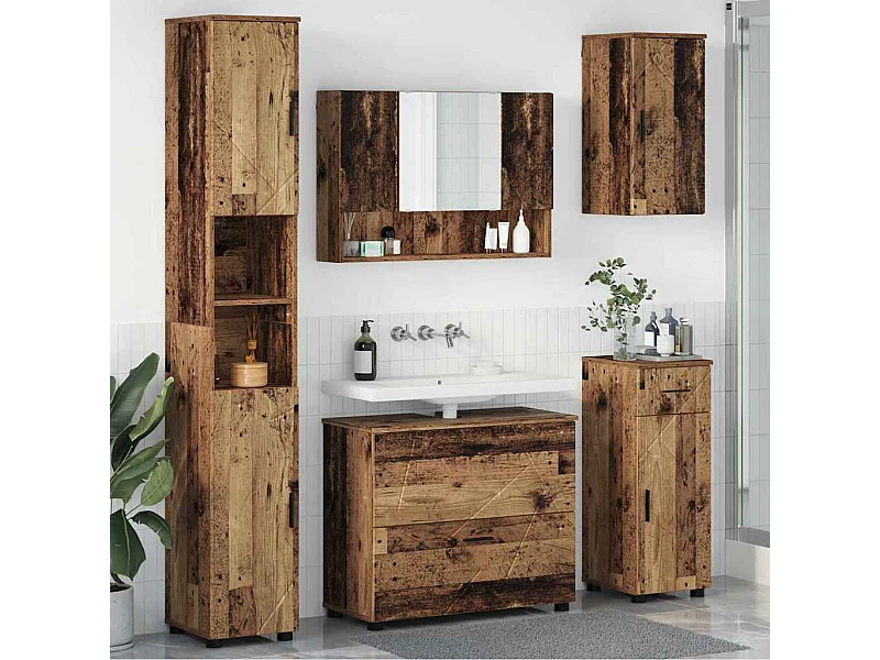 Conjunto de muebles de baño de 5 piezas en madera antigua