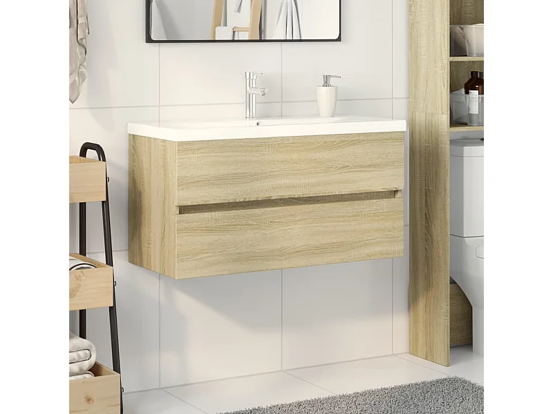 Set di mobili da bagno 2 pezzi in ceramica e legno ingegnerizzato