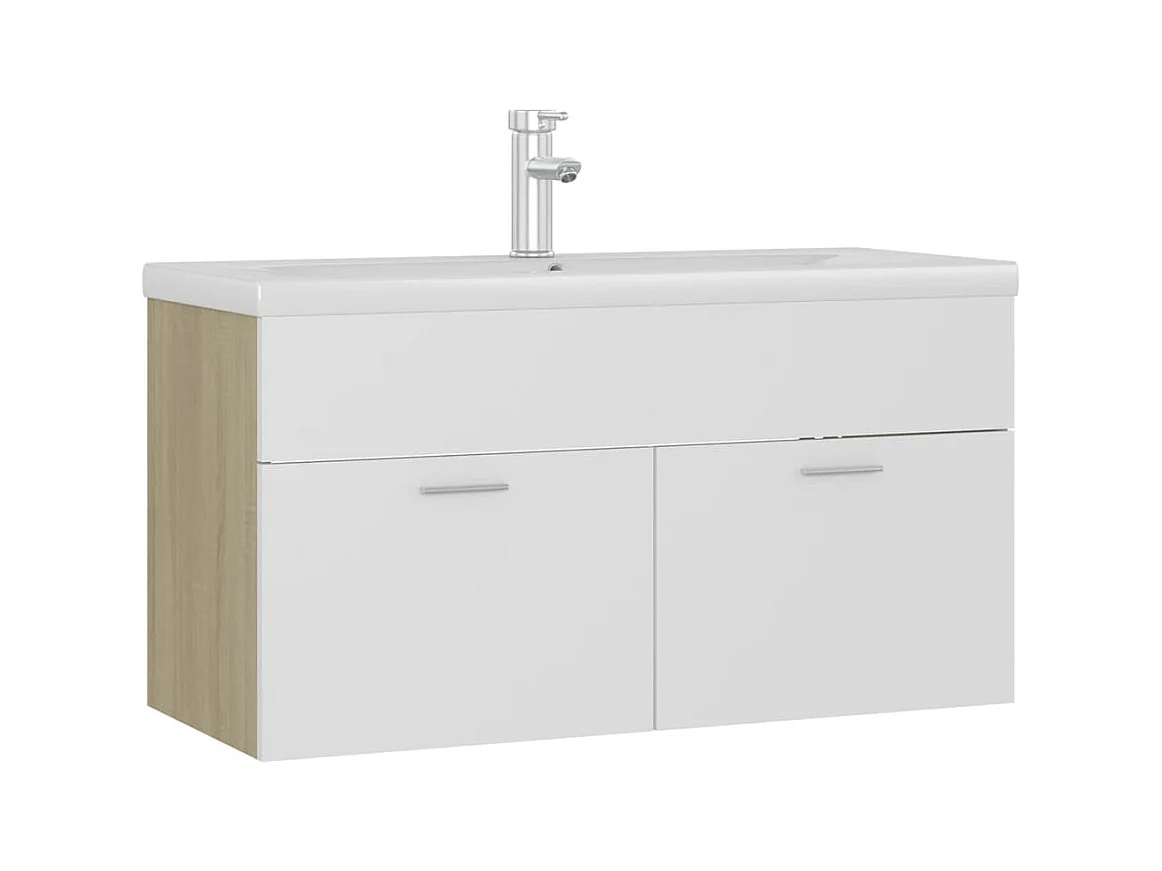 Mueble de lavabo y lavabo integrado Blanco/roble sonoma Aglomerado