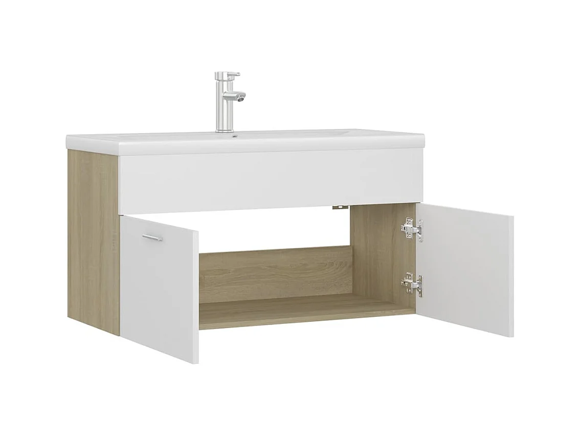 Mueble de lavabo y lavabo integrado Blanco/roble sonoma Aglomerado