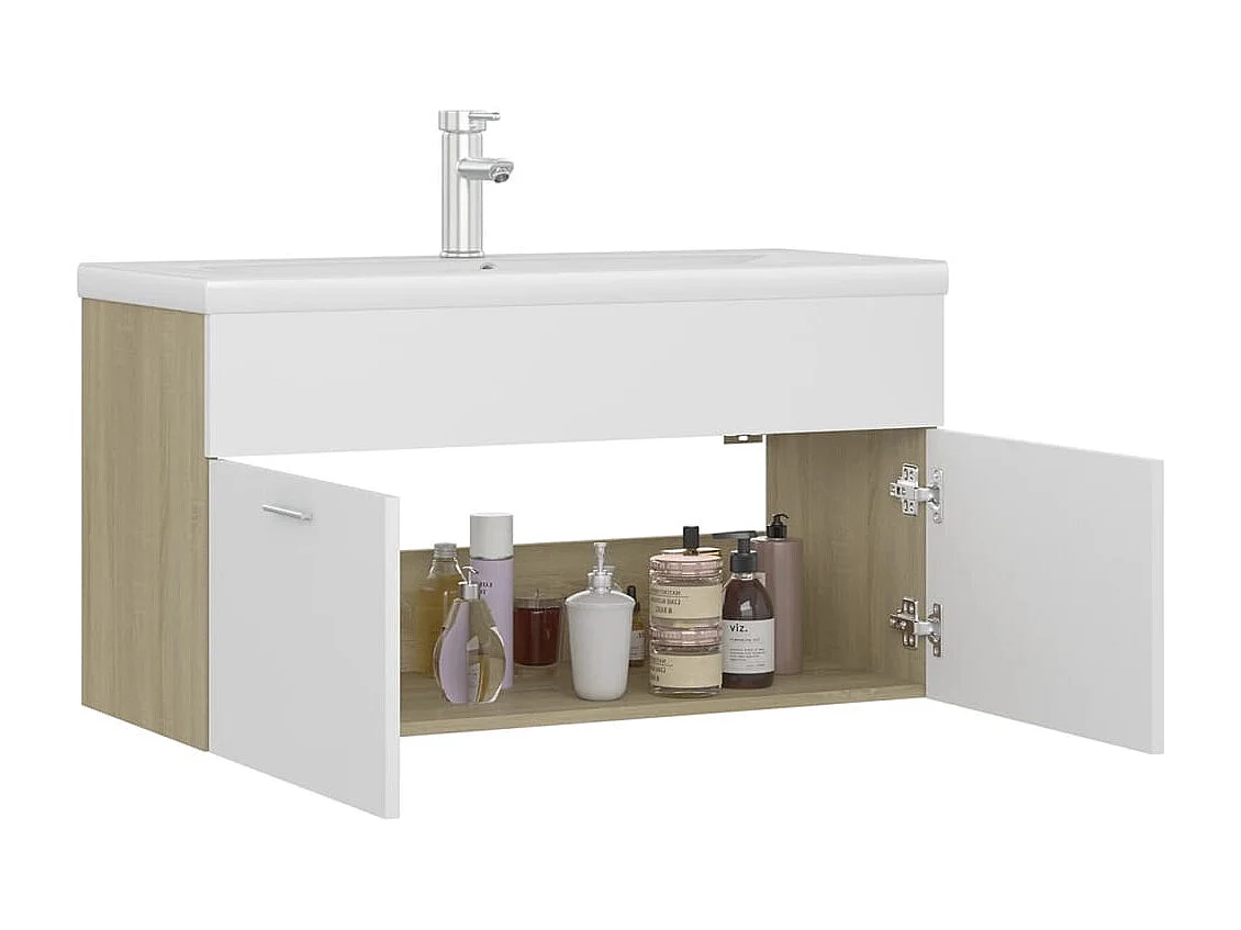 Mueble de lavabo y lavabo integrado Blanco/roble sonoma Aglomerado