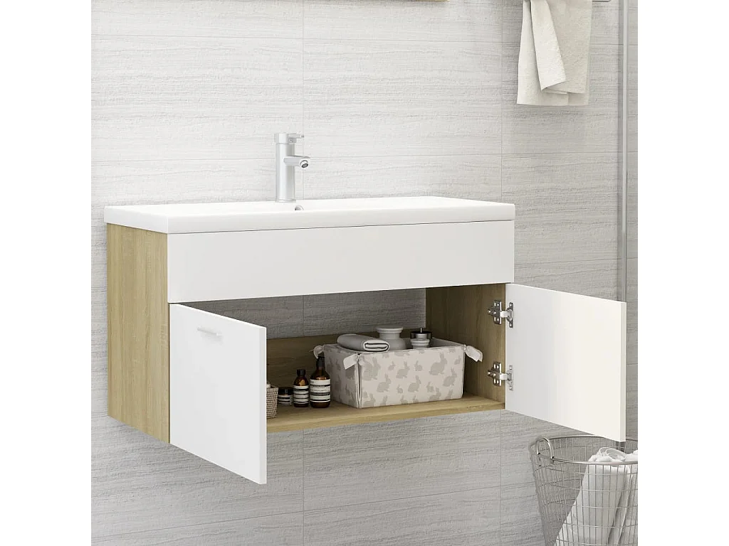 Mueble de lavabo y lavabo integrado Blanco/roble sonoma Aglomerado