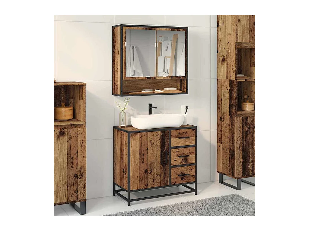 Conjunto de muebles de baño de 2 piezas en madera antigua