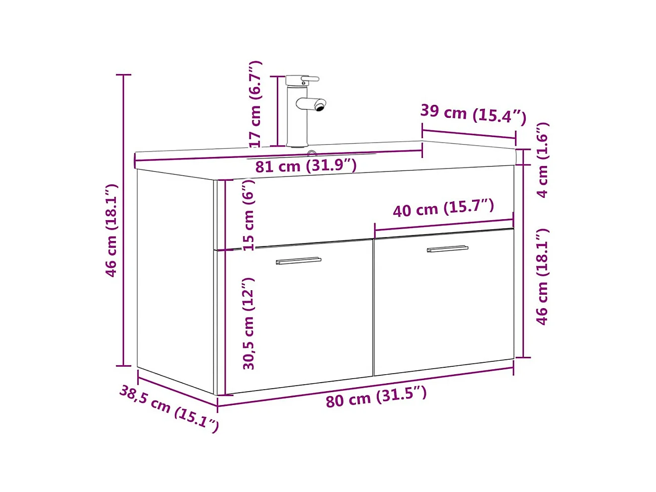 Mobile lavabo da bagno con lavabo e rubinetto integrati
