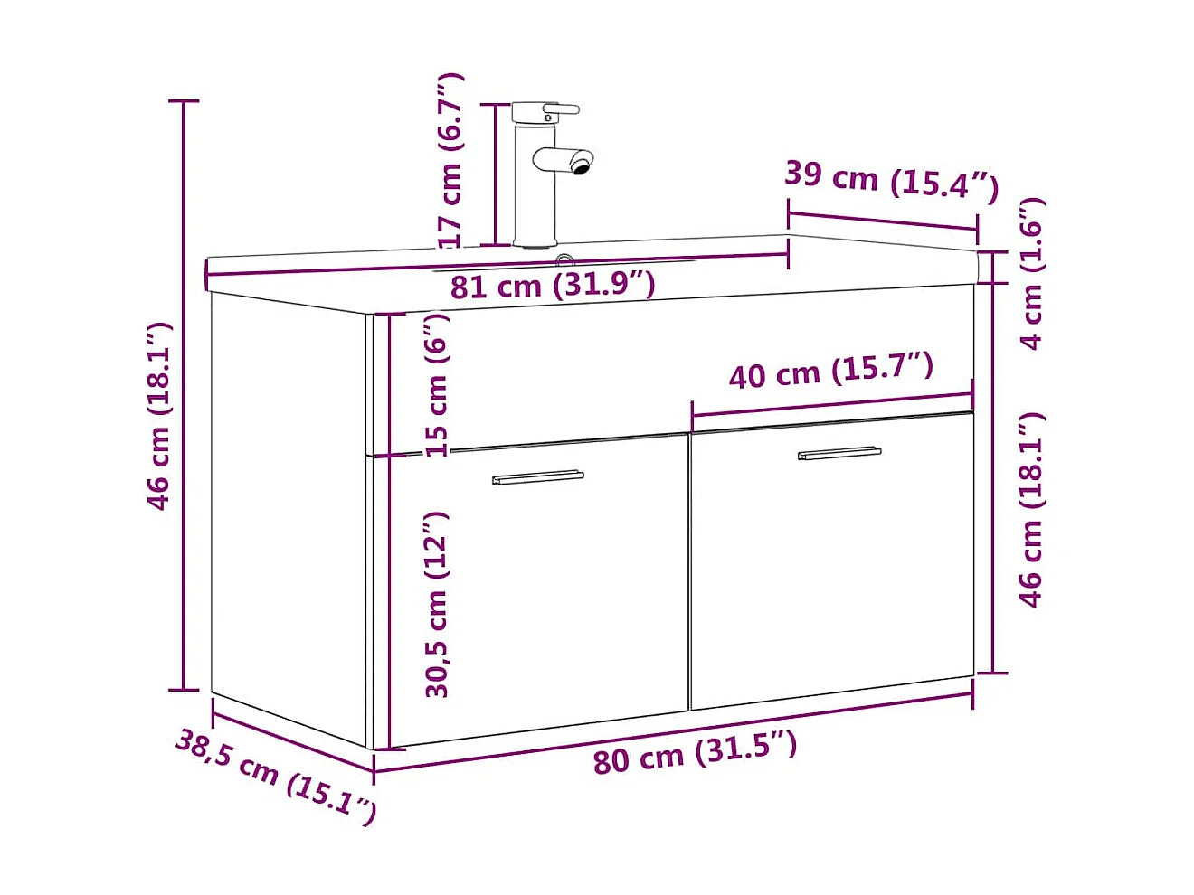 Armoire lavabo de salle de bain avec bassin intégré et robinet