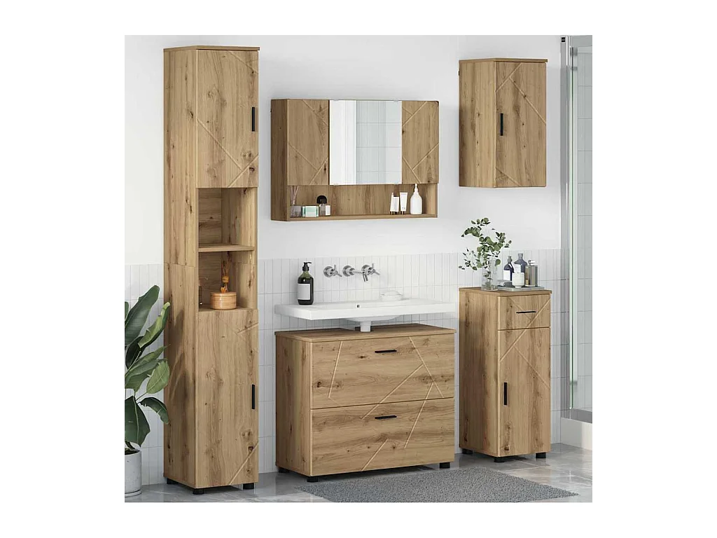 5-delige badkamermeubelset, handgemaakt eikenhout