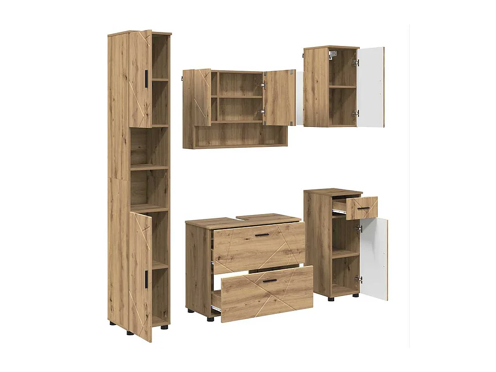 5-delige badkamermeubelset, handgemaakt eikenhout