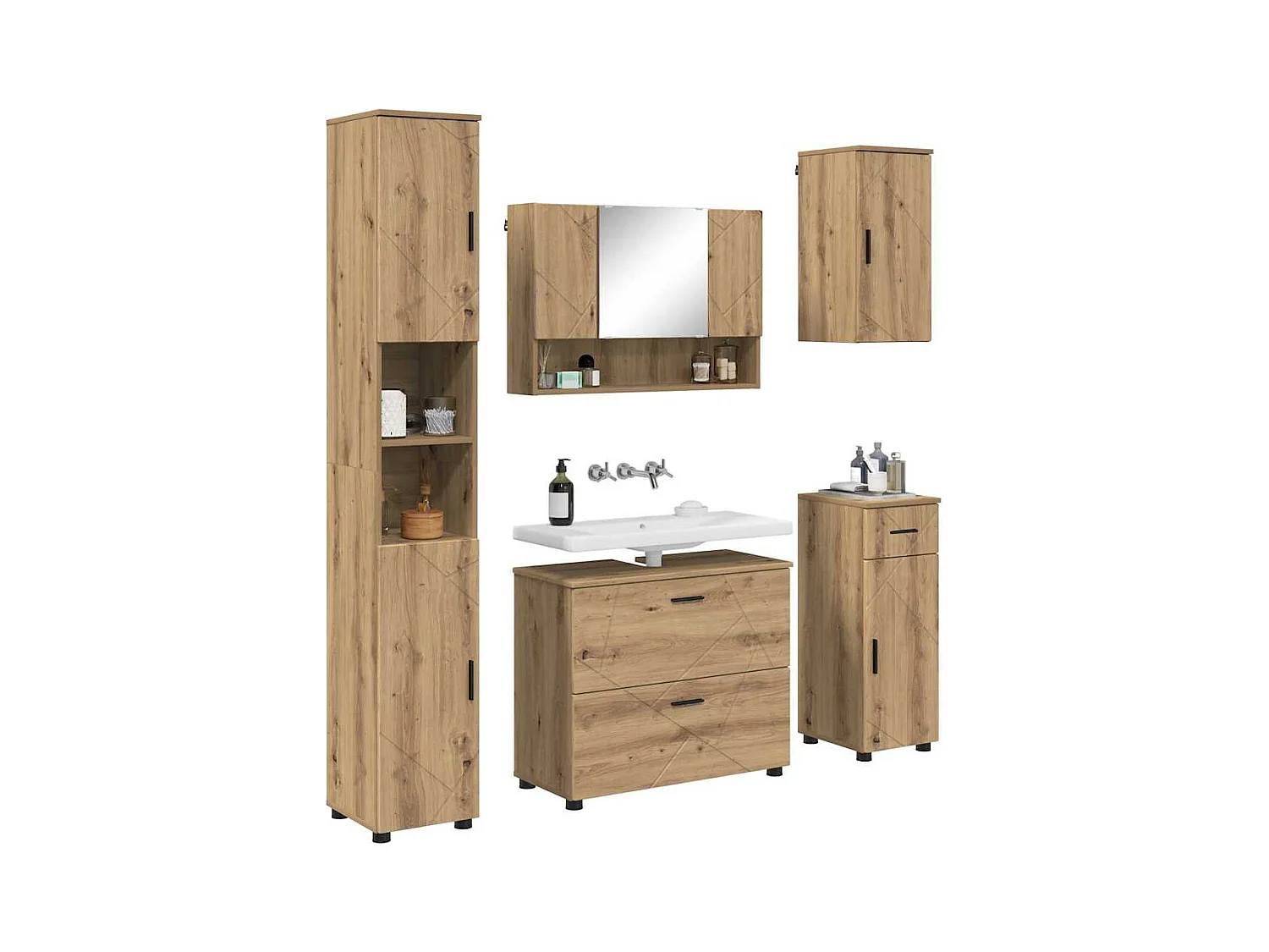 5-delige badkamermeubelset, handgemaakt eikenhout