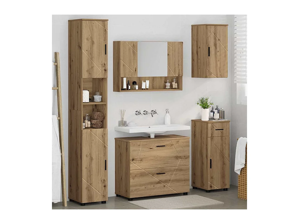 5-delige badkamermeubelset, handgemaakt eikenhout