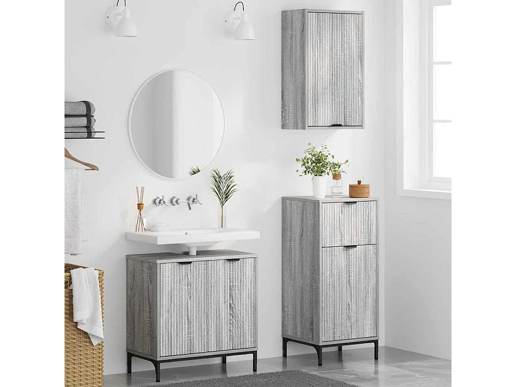 Set di mobili da bagno a quadri 3 pezzi grigio Sonoma