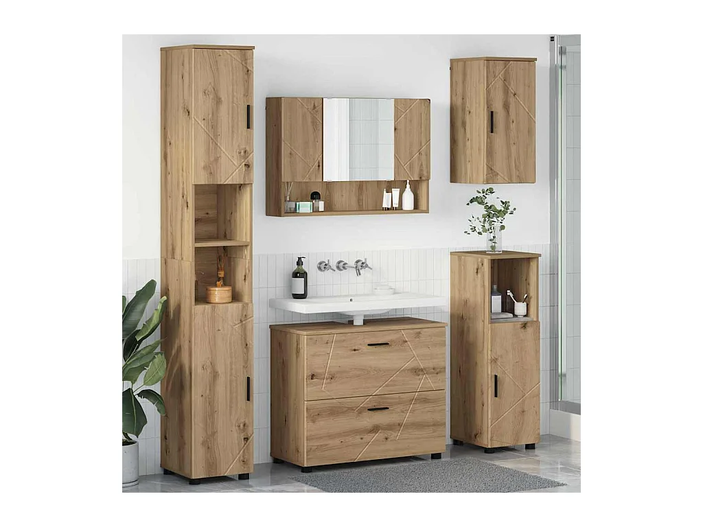 5-delige badkamermeubelset, handgemaakt eikenhout