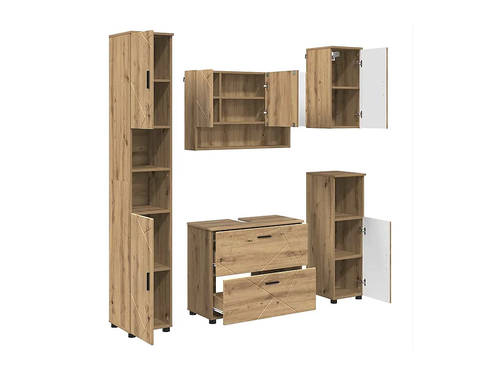 5-delige badkamermeubelset, handgemaakt eikenhout