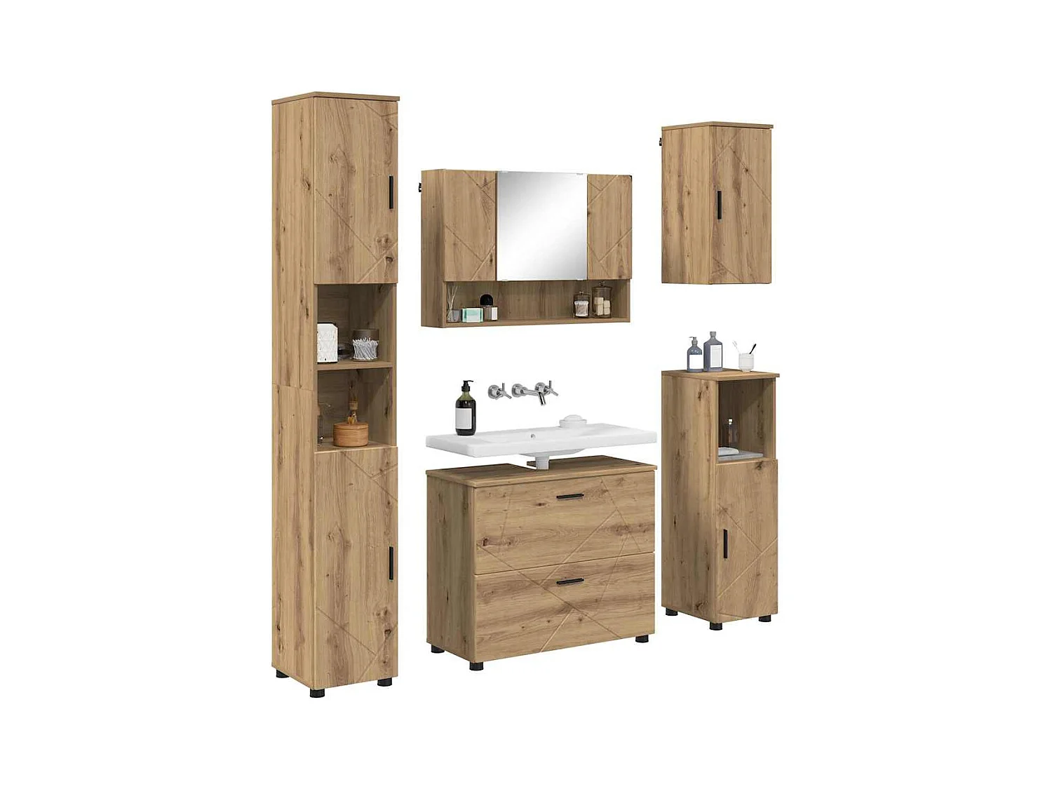 5-delige badkamermeubelset, handgemaakt eikenhout