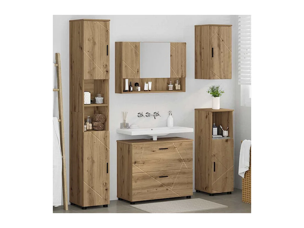 5-delige badkamermeubelset, handgemaakt eikenhout