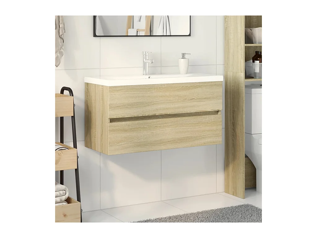 Ensemble de meubles de bain 2pcs céramique et bois d'ingénierie