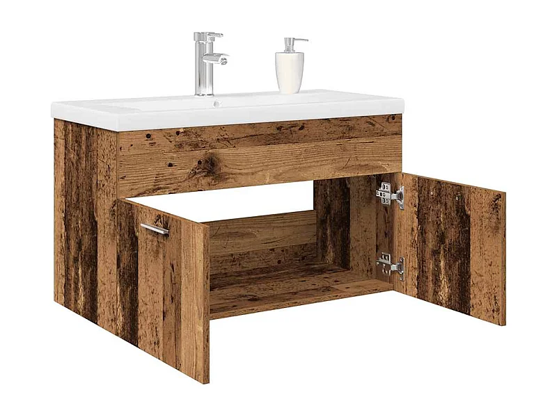 Mueble lavabo con lavabo integrado y grifería en madera antigua