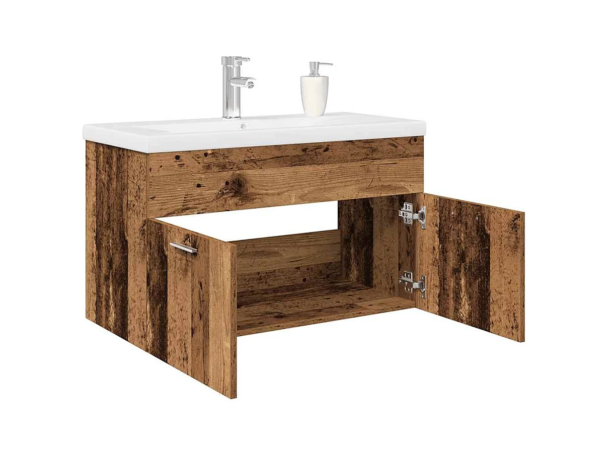 Mueble lavabo con lavabo integrado y grifería en madera antigua