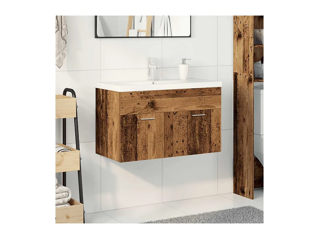 Mueble lavabo con lavabo integrado y grifería en madera antigua