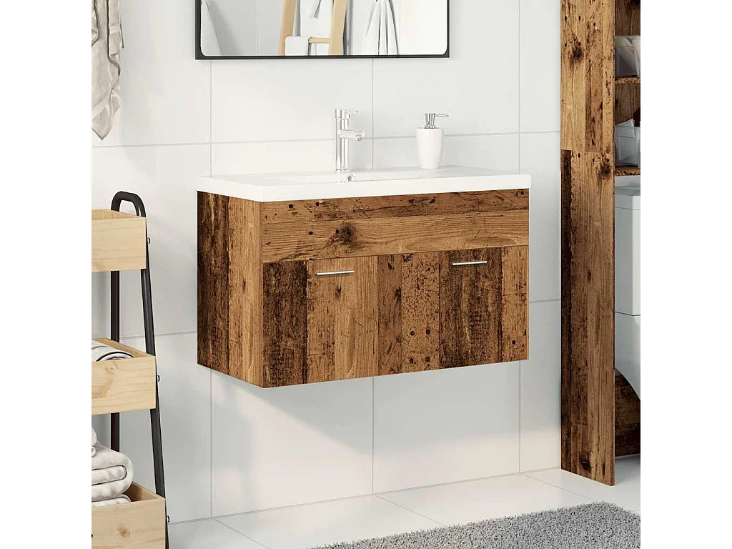 Wastafelmeubel met geïntegreerde waskom en kraan in oud hout