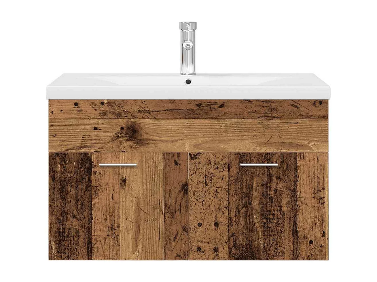 Wastafelmeubel met geïntegreerde waskom en kraan in oud hout