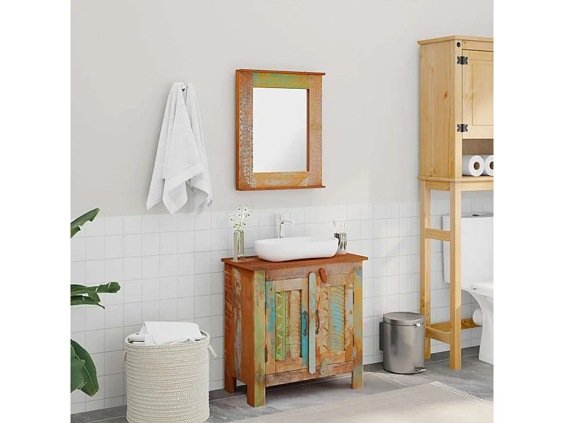 Ensemble meuble sous vasque et miroir en bois massif recyclé