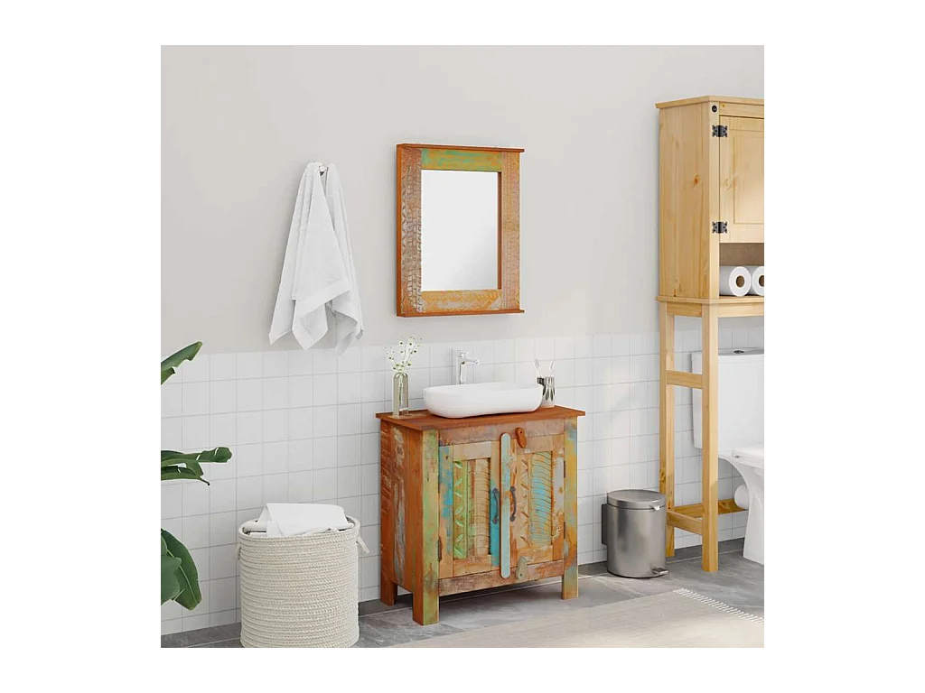 Ensemble meuble sous vasque et miroir en bois massif recyclé