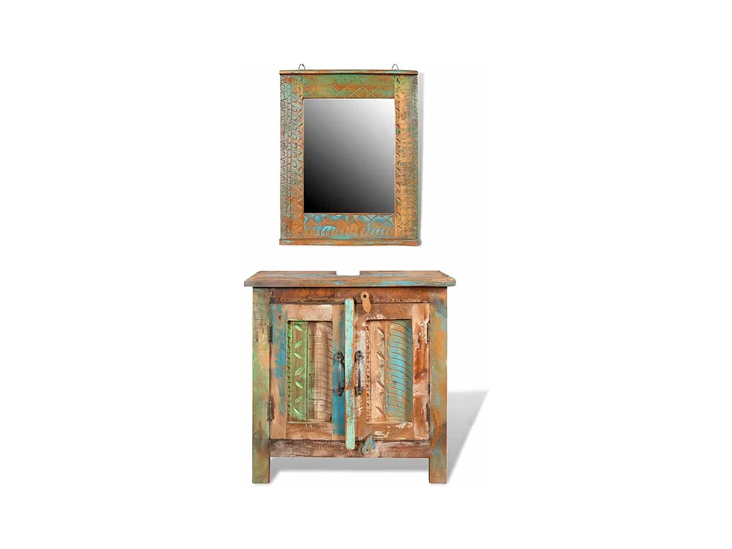 Ensemble meuble sous vasque et miroir en bois massif recyclé