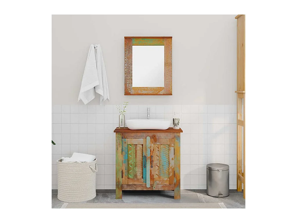 Ensemble meuble sous vasque et miroir en bois massif recyclé