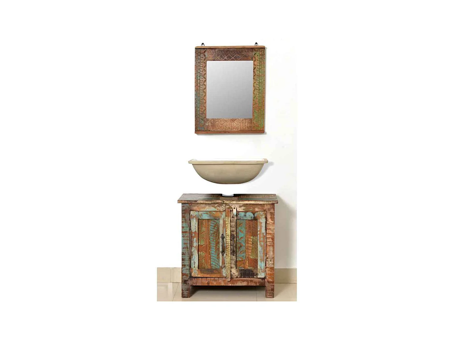 Ensemble meuble sous vasque et miroir en bois massif recyclé