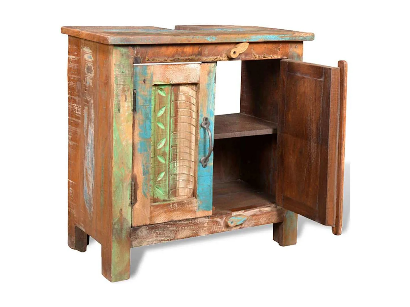 Ensemble meuble sous vasque et miroir en bois massif recyclé