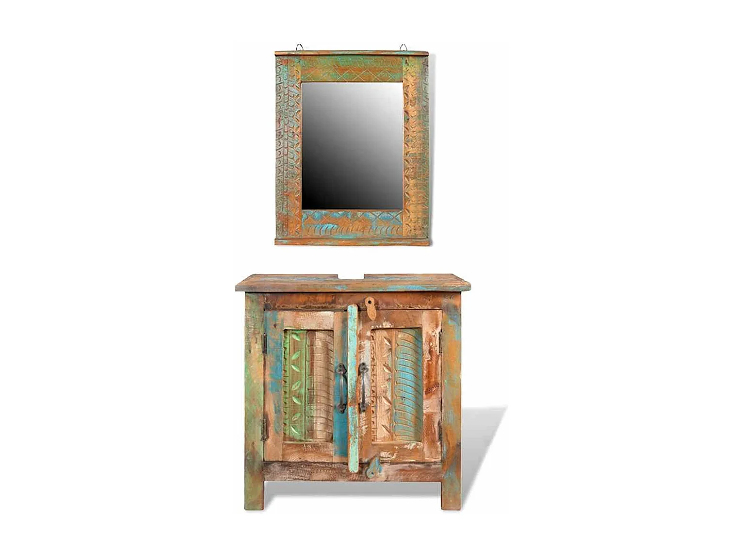 Ensemble meuble sous vasque et miroir en bois massif recyclé