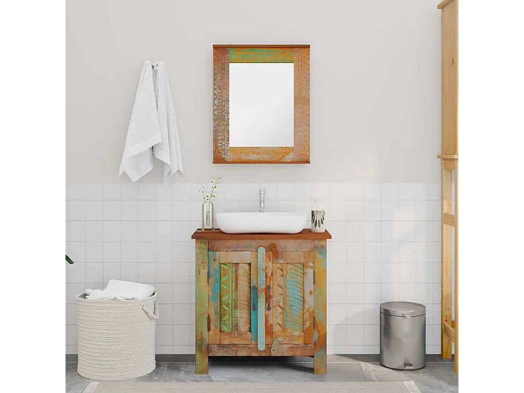 Ensemble meuble sous vasque et miroir en bois massif recyclé