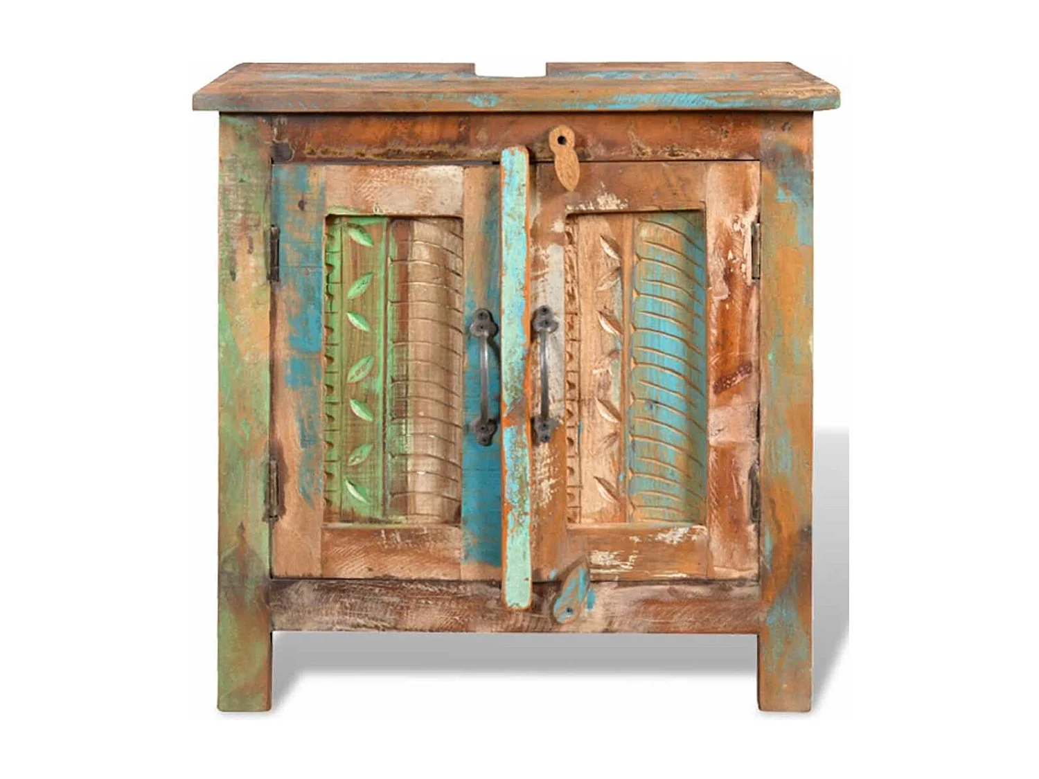 Ensemble meuble sous vasque et miroir en bois massif recyclé