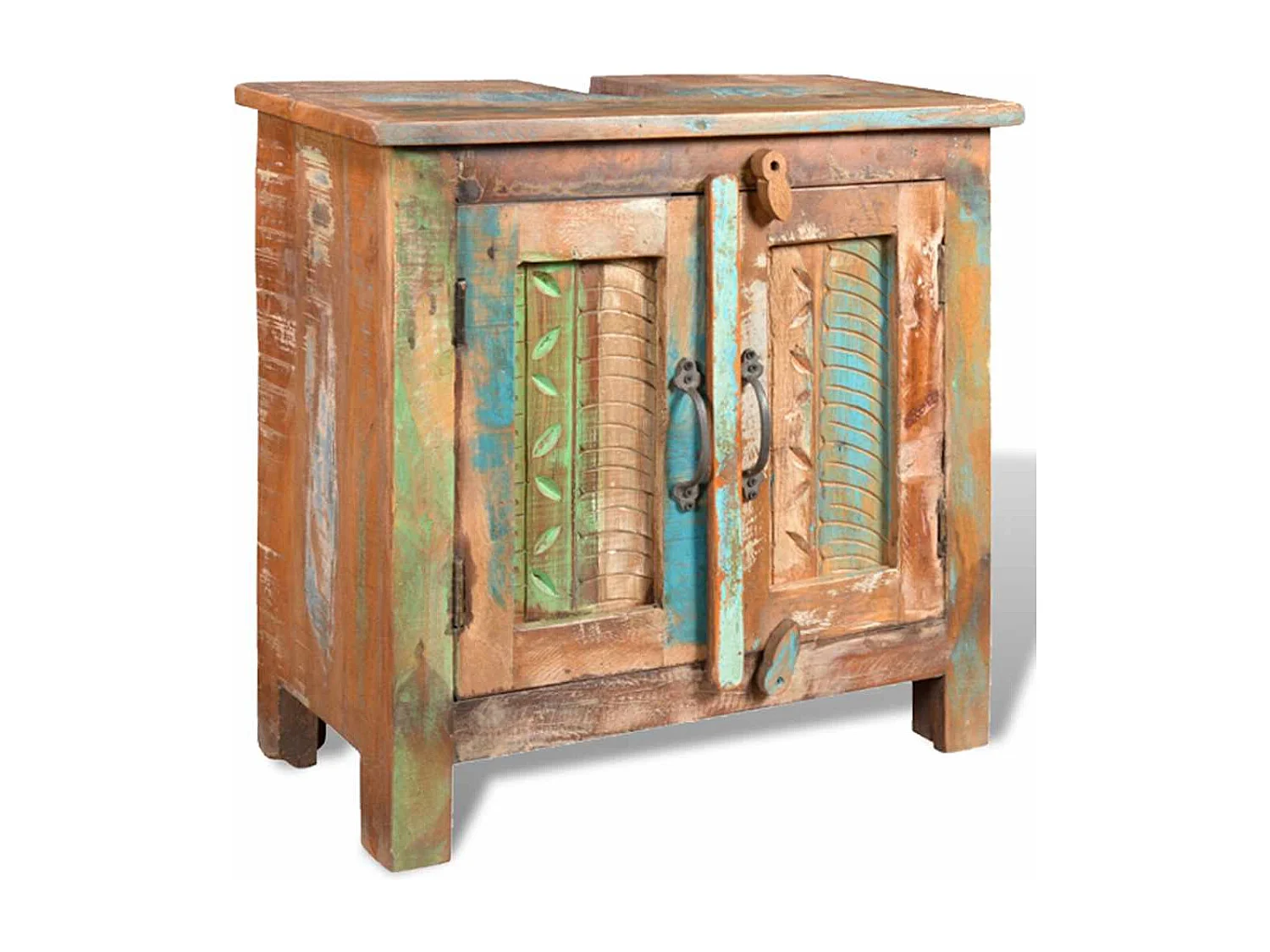 Ensemble meuble sous vasque et miroir en bois massif recyclé