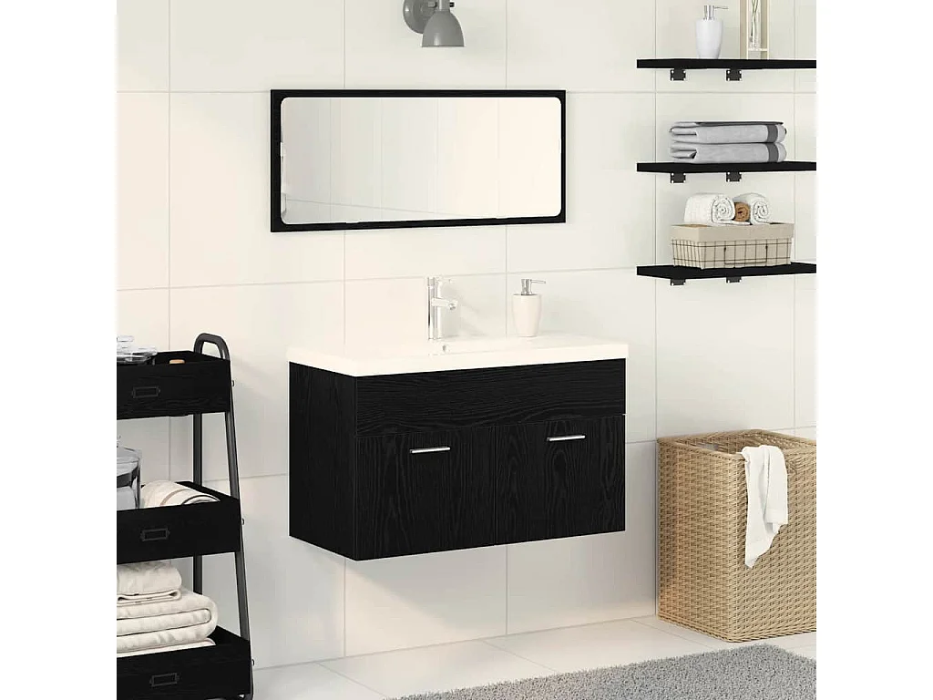 Zwarte eiken spoelbakkast 90 x 38,5 x 46 cm bewerkt hout