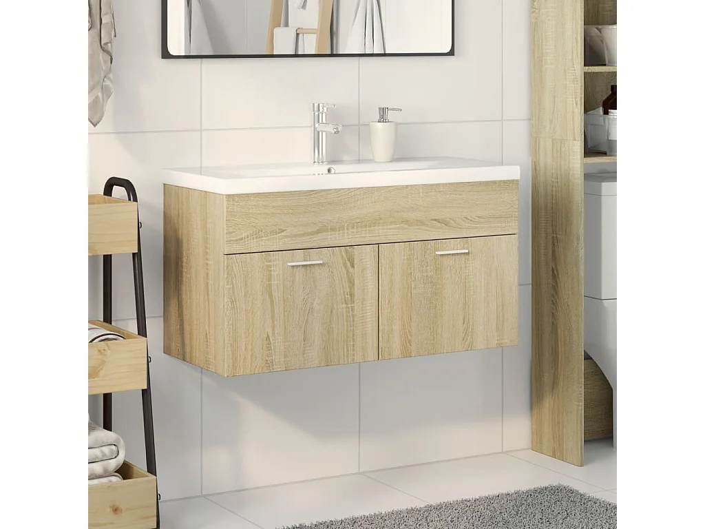 Badkamer wastafelmeubel en geïntegreerde wastafel in Sonoma eiken