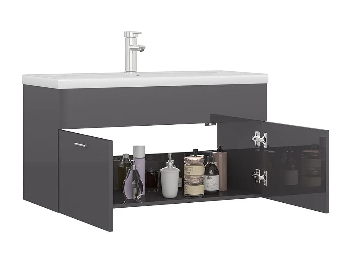 Armoire d'évier avec lavabo intégré Gris brillant Aggloméré