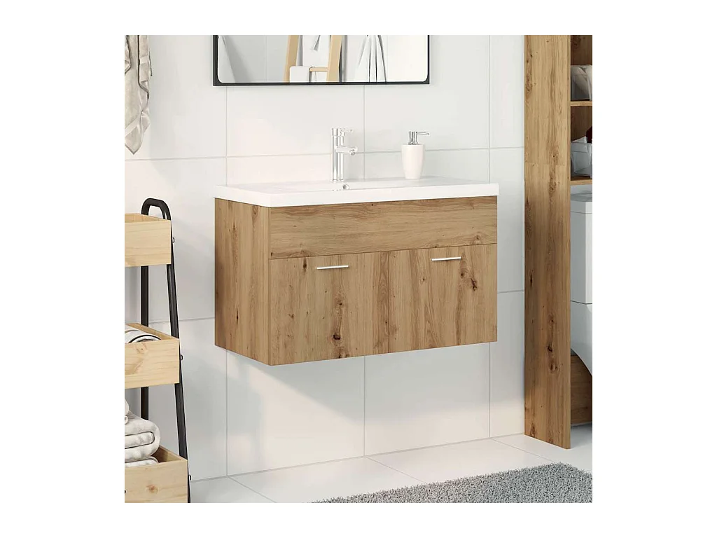 Mueble lavabo con lavabo integrado y grifo, roble hecho a mano