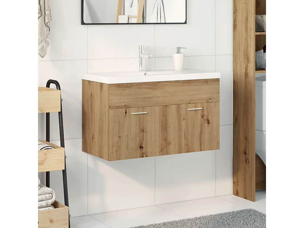 Mueble lavabo con lavabo integrado y grifo, roble hecho a mano